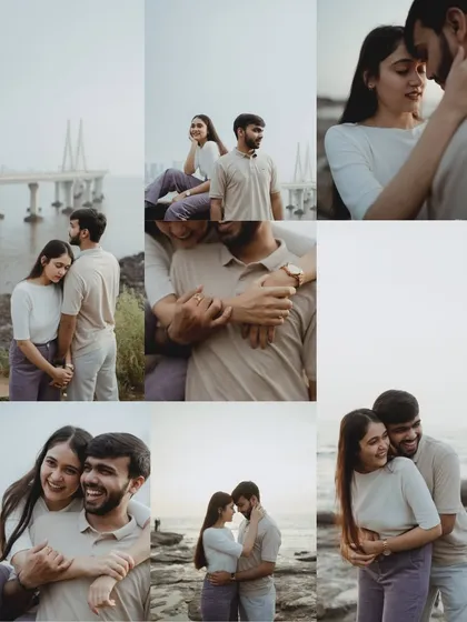 A collection of photos from a Mumbai seaside shoot. The iconic Bandra-Worli Sea Link in the background roots the story in the city, while the couple's interactions remain the focus.