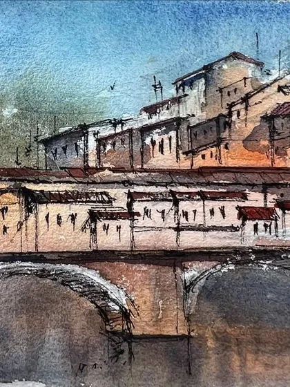 A small watercolor sketch of the Ponte Vecchio, which served as a study for a larger painting. Sketching helps me capture memories from my trips and plan out future artworks.