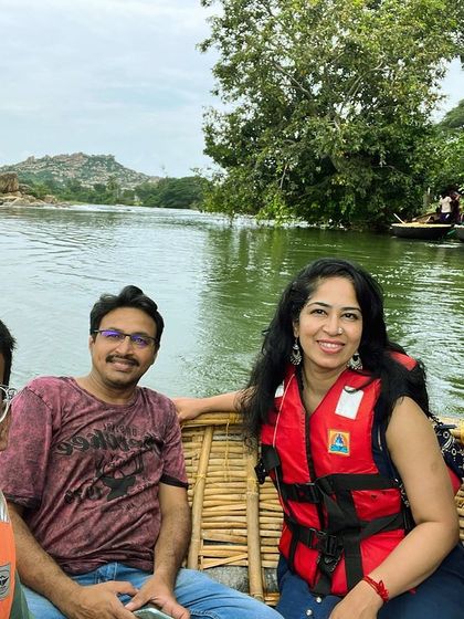 A selfie from a coracle ride in Hampi, a fun and traditional way to explore the Tungabhadra River.