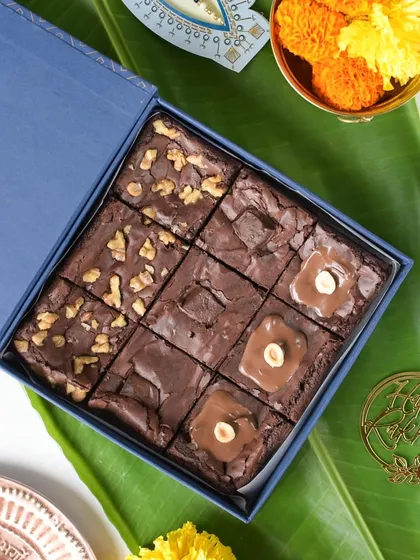 My Assorted Brownie Box for Rakhi, featuring a delicious mix of Walnut, Double Chocolate, and Nutella brownies.