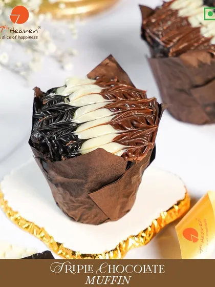 Our Triple Chocolate Muffin is a chocolate lover's dream. This muffin is packed with chocolate and features a beautiful black and white chocolate feathered frosting.