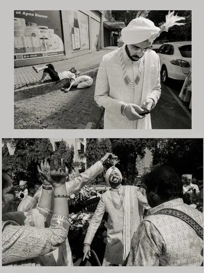 The energy of a Sikh groom's baraat captured in timeless black and white, showing candid moments of celebration on the streets.