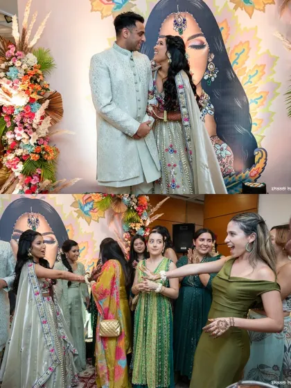 A collage showing the couple's portrait and the fun dance moments with friends at the Mehendi.