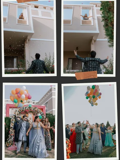 A creative collage telling a story from the Mehendi function, from the groom's romantic gesture to the couple's festive entry with balloons.