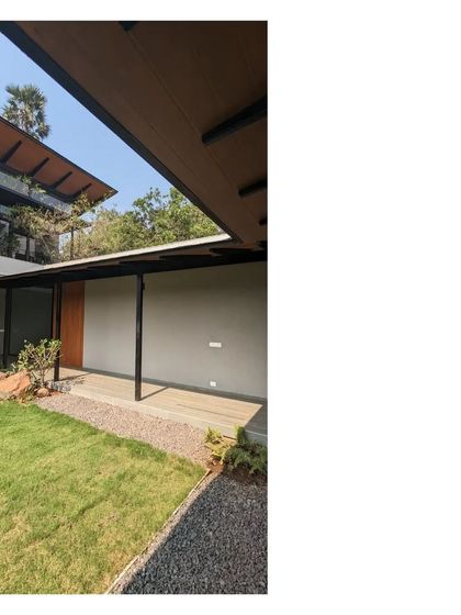 Villa 15, one of our experiments in country homes in Alibaug. One-room-thick plans, a central courtyard, and a pool for passive cooling create a simple, low-maintenance home.