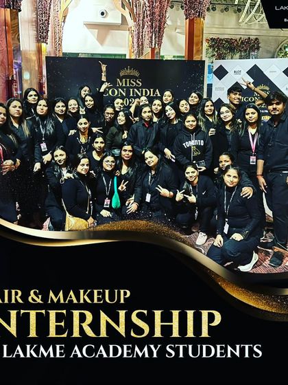 A candid group photo of our students during their internship at Miss Icon India 2023, capturing the camaraderie and excitement of working at a live event.