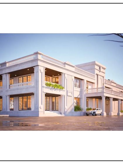 This splendid upcoming architectural beauty in Jammu and Kashmir blends sleek, contemporary lines with timeless classical beauty. The rendering shows a grand facade with strong columns and balconies.