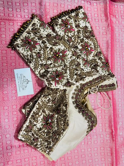 This collection showcases a variety of my custom blouse designs, from pastel engagement pieces to rich Kanjivaram pairings. Each one is uniquely crafted with different handwork techniques, fabrics, and cuts to match my client's vision.