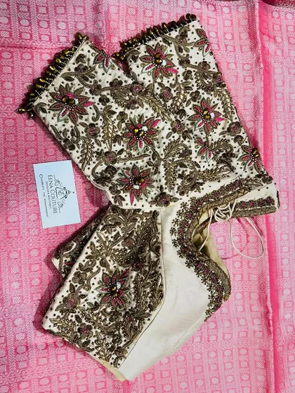 This collection showcases a variety of my custom blouse designs, from pastel engagement pieces to rich Kanjivaram pairings. Each one is uniquely crafted with different handwork techniques, fabrics, and cuts to match my client's vision.