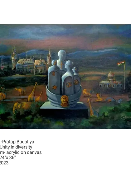 Another interpretation of 'Unity in diversity,' this 24 by 36-inch acrylic on canvas shows a central monument of unified figures surrounded by animals and architecture from different parts of India. It is a symbolic representation of national identity.