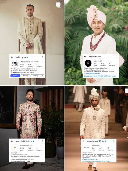 Continuing my list of top groomswear designers. This selection includes Jade by MK, Label Crestelli, Varun Bahl, and Ashish N Soni, who offer both contemporary and classic couture options.