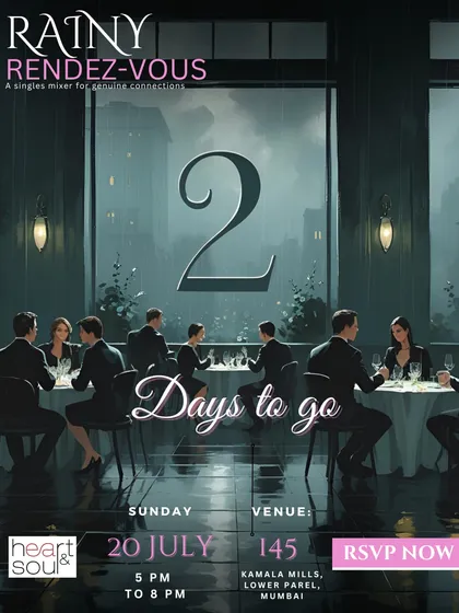 The countdown to connection. This poster for 'Rainy Rendez-vous' highlights the elegant ambiance and promise of unlimited gourmet bites, setting the stage for a premium experience.