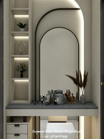 This bedroom includes a compact and elegant dressing table, featuring an arched mirror and backlit shelves. It's a perfect example of creating a functional corner in a small space.