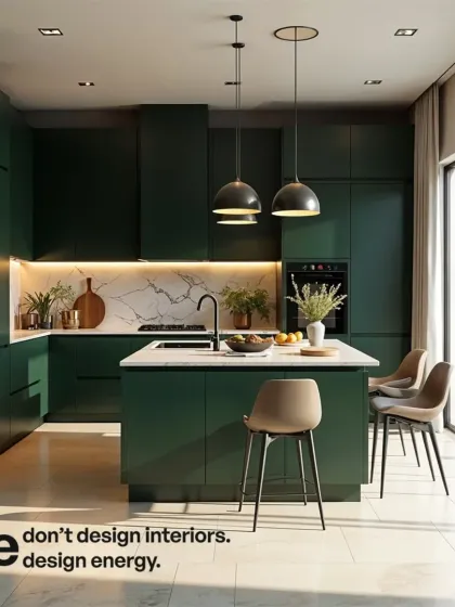 This is how we redefine the modern kitchen. We used a bold, deep green for the handle-less cabinetry, contrasted with a white marble backsplash and a functional island, creating a space that is as stunning as it is practical for daily use.