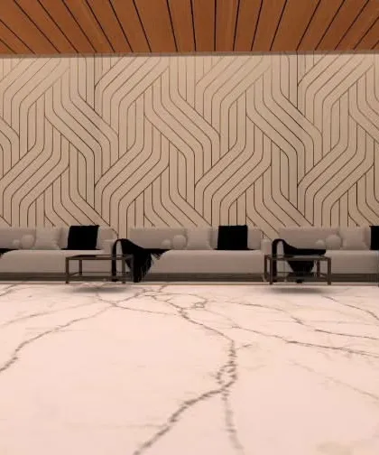 A proposed design for a large indoor waiting or living area with marble floors and a textured accent wall.