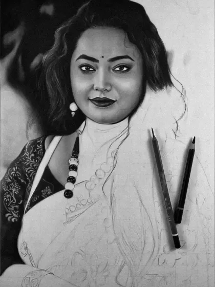 The portrait mid-completion, with two pencils resting on the unfinished portion.