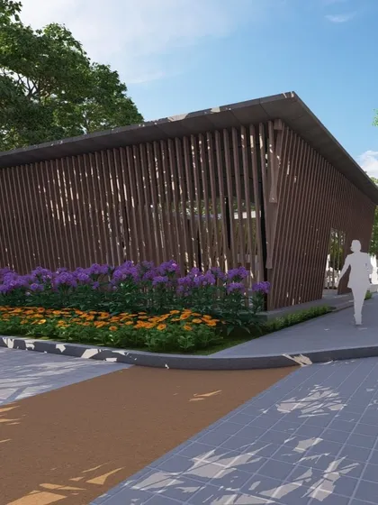 This visualization shows a modern yoga pavilion with a slatted wooden facade, providing privacy while allowing for natural light and ventilation. The surrounding planting adds to the serene atmosphere.