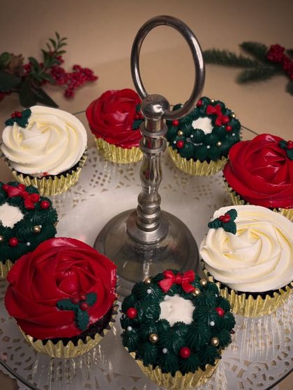 A still shot of my classic Christmas cupcakes. They are available in both chocolate and vanilla with vanilla bean frosting, and they taste as amazing as they look.