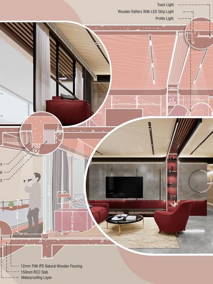 A conceptual drawing of a living room in our 'Red Realm' series. This design board shows how we use sectional drawings to detail everything from wooden ceiling rafters to hidden AC ducts.
