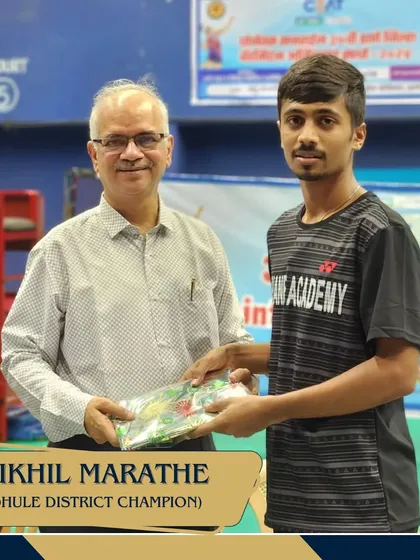 Nikhil Marathe, a Dhule District Champion, being felicitated at our event. I believe in recognizing talent from across Maharashtra, fostering a statewide badminton community.