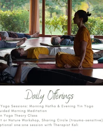 Captions will describe the specific yoga practice shown (e.g., "Practicing Sutra Neti, a traditional yogic cleansing technique," "A Hatha yoga class in our Chakra Hall," "Finding inspiration in our mistakes and using them as a platform for growth.").