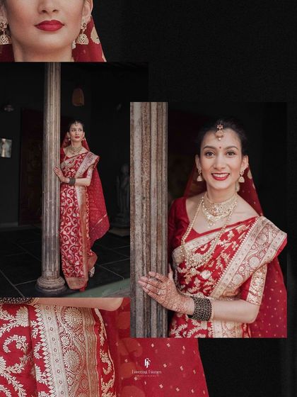 A collage of the bride in her red wedding saree, capturing her elegance from different angles.