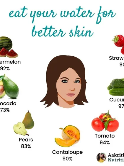 For beautiful, hydrated skin, make sure you're eating your water. Foods like cucumber (97% water), tomatoes (94%), and strawberries (90%) are delicious ways to keep your skin plump and glowing.