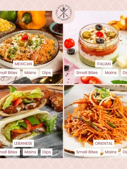 A complete overview of what I offer: four global cuisines, with options for small bites, mains, and dips.