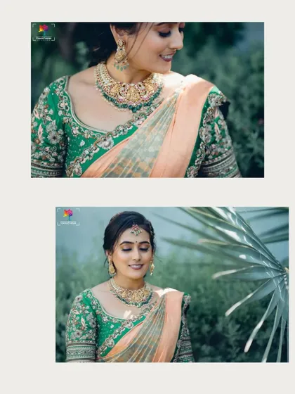 A close-up collage of the bride, highlighting her beautiful green and peach saree and intricate jewelry. Her serene smile completes the look.