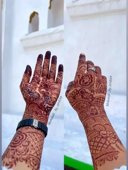This is the beautiful, rich mahogany stain that develops after 48 hours. I make my own 100% organic henna paste, which guarantees a deep, long-lasting color that is completely safe for your skin.
