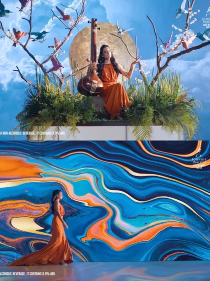 Two distinct scenes from the Johnnie Walker ad, both powered by our lighting and LED wall. We created a serene, nature-inspired setting and a dynamic, abstract fluid art background, showcasing the versatility of virtual production.