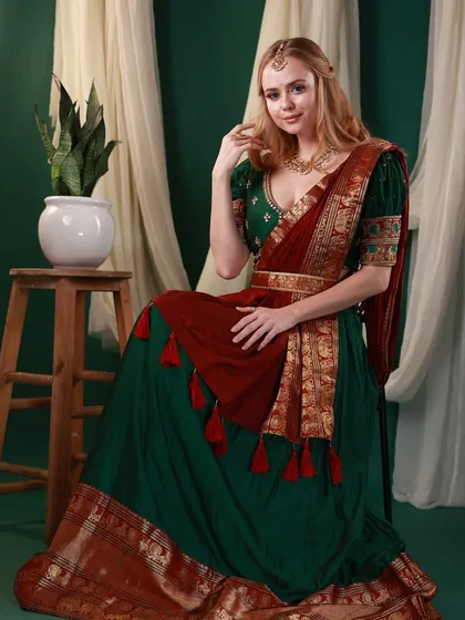 Here is a shot from a traditional-themed session with Bigg Boss Marathi contestant Irina Rudakova. We combined rich, contrasting colors and authentic styling to create a look that is both classic and striking.