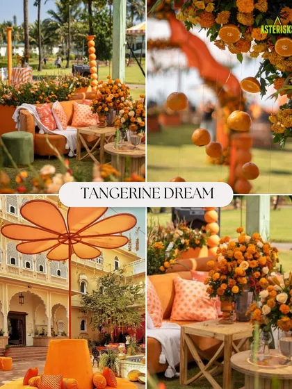 A "Tangerine Dream" Haldi theme, using fresh oranges and marigolds for a zesty and vibrant outdoor setup.