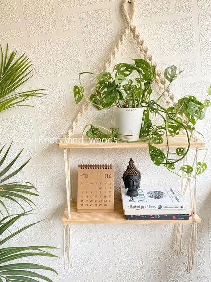 Function meets beauty with my two-tier macrame hanging shelf. It’s perfect for displaying your favorite plants, books, or little treasures while saving space and adding a lovely bohemian touch to your wall.