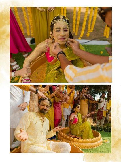 A collage showing the bride's experience during the Haldi, from being lovingly smeared with paste to sharing a laugh with the groom.