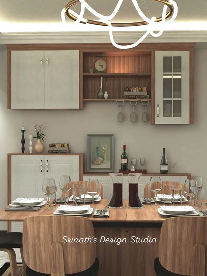 A 3D render of a dining area with an elegant crockery unit and a six-seater dining table, perfectly set to help visualize family gatherings.