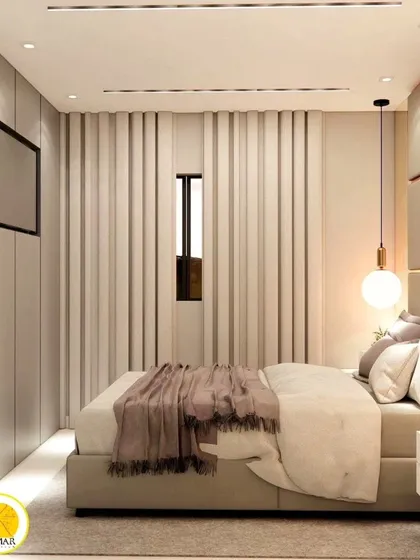 Another view of the same bedroom, showing the bed and the elegant curtains.