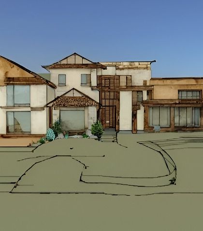 An early conceptual sketch exploring the massing and layout of a sprawling farmhouse complex, composed of several interconnected buildings with a rustic, earthy feel.