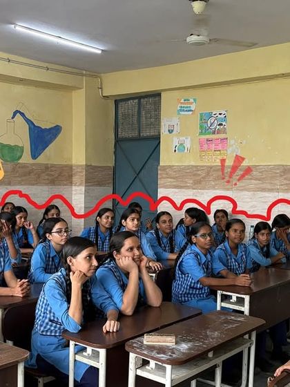 An instructor leads a session with a group of girls, using music to create a wave of connection and engagement. The graphic illustrates how a single voice can unite an entire classroom.