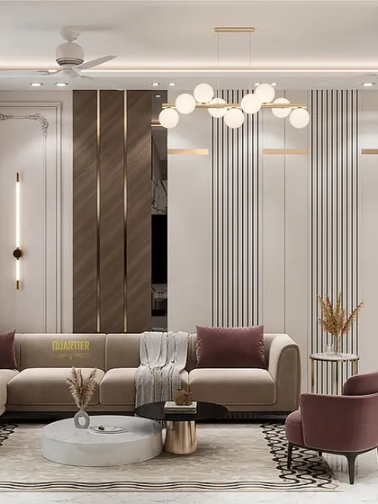 This 3D render shows an L-shaped sofa arrangement in a contemporary living room. The wall paneling combines wood-look louvers with tinted mirrors and classic mouldings, creating a rich and textured design.