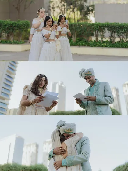 A touching first look sequence where the couple reads letters to each other before turning around. This collage captures the emotional buildup, the tears, and the heartfelt hug that follows.