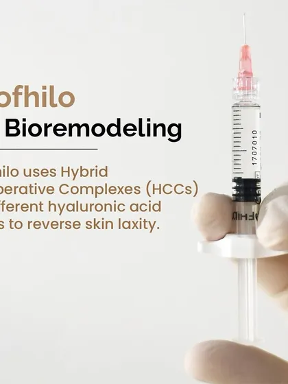 This image shows the Profhilo syringe, which contains hybrid cooperative complexes of hyaluronic acid. This unique formulation is what allows it to reverse skin laxity and act as a 'bioremodeling' agent.