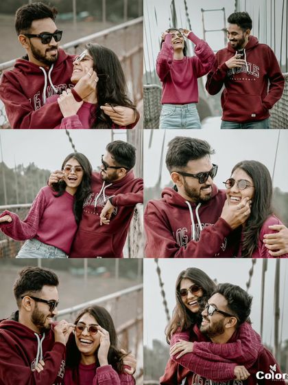 A fun and candid collage of a couple on a suspension bridge, likely near a coastal area, showing their playful interaction.