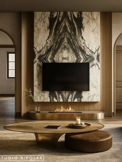 For this lounge in a Moradabad villa, we anchored the space with a dramatic book-matched marble wall. The warmth of the fireplace, the calm creamy palette, and a striking gold-finished coffee table come together to create an atmosphere of understated, indulgent luxury.