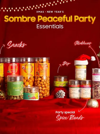For a quiet and cozy New Year's celebration, I created the 'Sombre Peaceful Party' hamper. It's packed with a wide variety of snacks, dips, mukhwas, and special spice blends to make your evening flavourful and memorable.