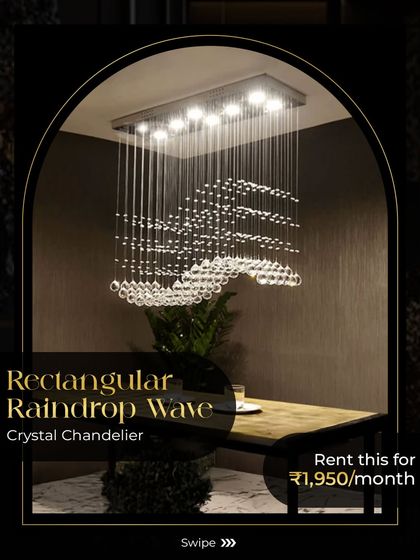 The Rectangular Raindrop Wave Crystal Chandelier is a popular rental choice for modern dining areas. Its unique wave-like crystal arrangement creates a beautiful play of light, adding a dynamic and elegant touch to your meals.