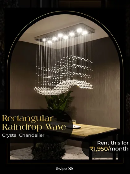 The Rectangular Raindrop Wave Crystal Chandelier is a popular rental choice for modern dining areas. Its unique wave-like crystal arrangement creates a beautiful play of light, adding a dynamic and elegant touch to your meals.