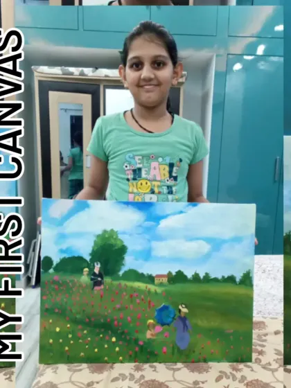 A huge milestone for our student. This is her very first canvas painting, a beautiful landscape inspired by the Impressionist style of Monet. We guide students step by step to help them achieve results they can be proud of.