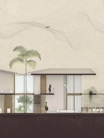 This dining area in our Vagator Villas project features a custom-designed table and chairs, with a focus on natural materials and earthy tones. The space opens onto a private patio, blurring the lines between indoor and outdoor dining.
