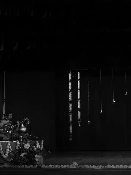 Another powerful black and white image from the Arangetram, capturing the relationship between the dancer on stage and the musicians who provide the soul of the performance.